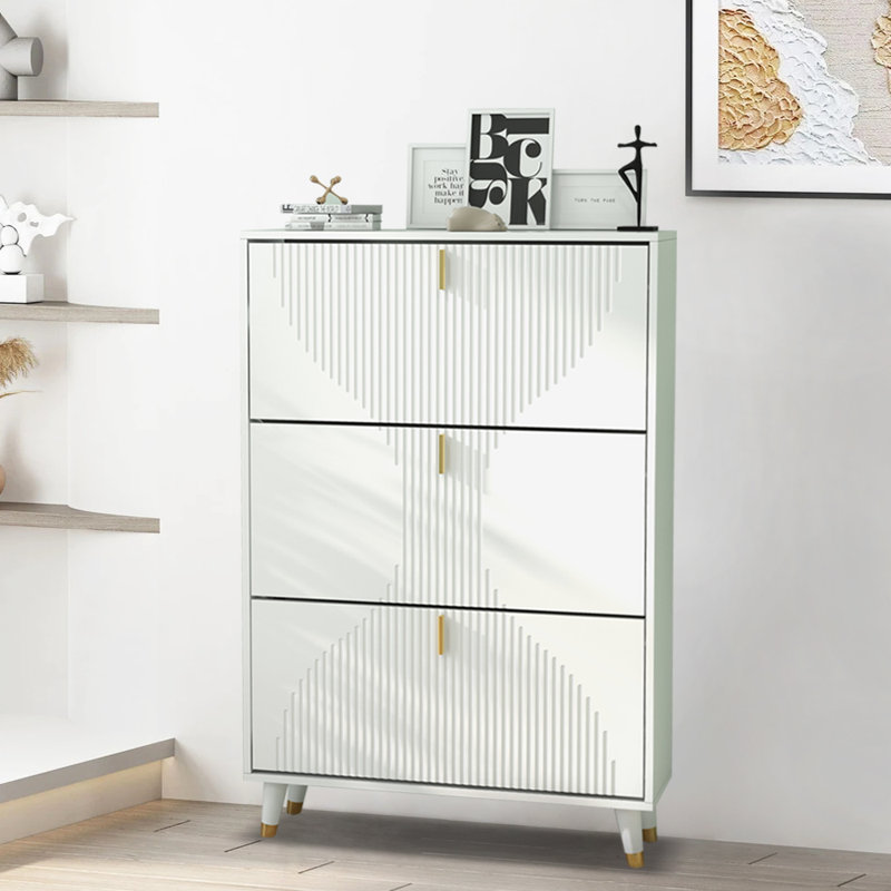 Everly Quinn Entrance Shoe Cabinet White Shoe Rack Three Flip Drawers Living Room Vertical Shoe Storage Wayfair